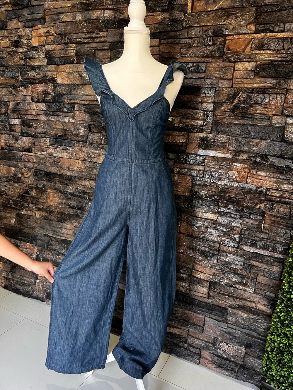 Express Dark Blue Denim Wide-Leg Overalls Jumpsuit